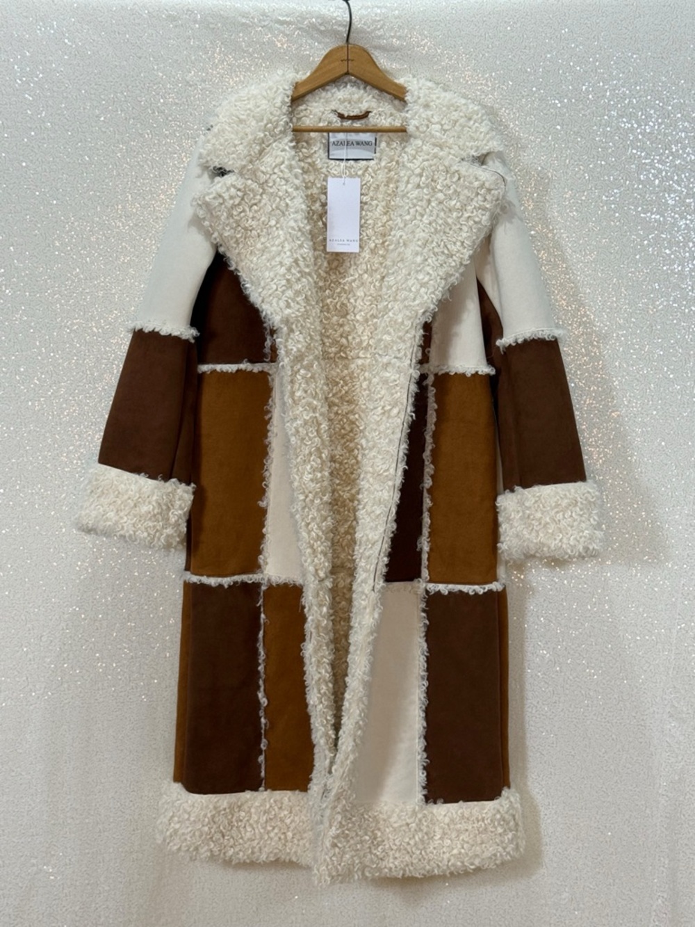 Azalea Wang Telluride Longline Patchwork Faux Shearling Coat Sherpa Boho Western - Picture 9 of 15